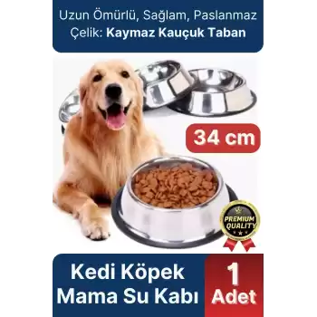 Premium Uzun Ömürlü Sağlam Kaymaz Kauçuk Taban Paslanmaz Çelik Metal Kedi Köpek Mama Su Kabı 34 cm