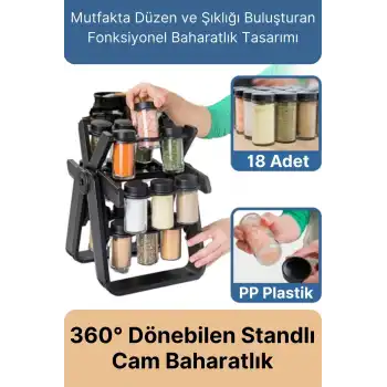 Özel Üretim Dayanıklı 360° Dönebilen Düzenleyici Standlı 18 Adet 100ml Cam Baharatlık 34x26x23 cm
