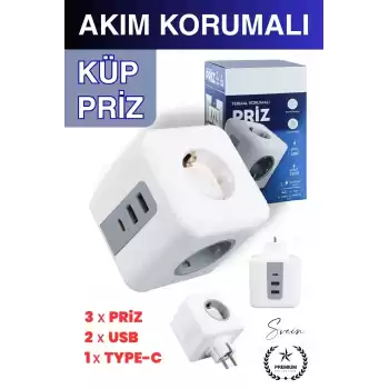 Premium 3lü Duvar Çocuk ve Akım Korumalı Isıya Dayanıklı Çoklu Küp Priz Usb Type-C Girişli Topraklı