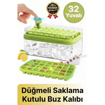 Yeni Seri Pratik Dondurucu Geniş Kapasite Silikon Düğmeli Basmalı Saklama Kutulu 32li Buz Kalıbı