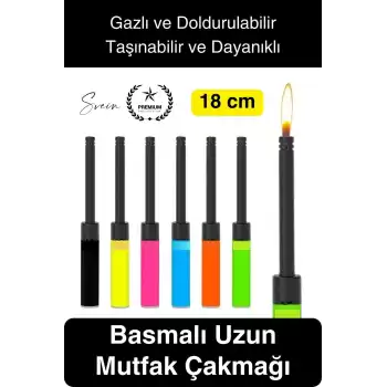 Premium 18 cm Basmalı Uzun Mutfak Çakmağı Gazlı Doldurulabilir Mum Mangal Kamp İçin Normal Alev
