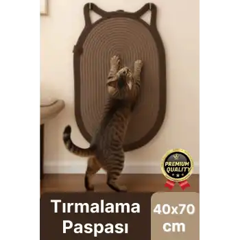 Dekoratif Dayanıklı Zemin Dostu %100 Doğal Jüt İp Kedi Şekilli Duvar Tipi Tırmalama Paspası 40x70cm