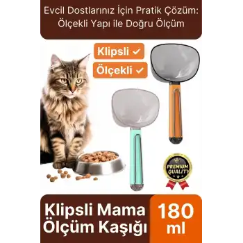 Çok Amaçlı Klipsli Ölçekli Şeffaf Başlıklı 180ml Kapasiteli Kedi Köpek Mama Ölçüm Kaşığı Küreği