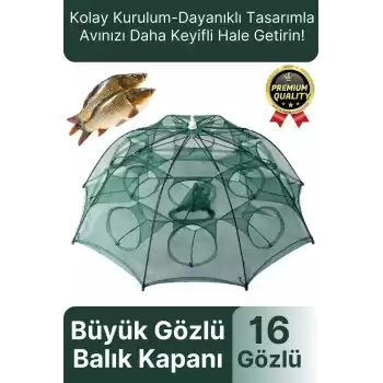 Özel Kolay Kurulum Fermuarlı Yem Bölmeli Büyük Gözlü Yengeç Balık Tuzağı Kapanı Ağı Filesi 16 Gözlü