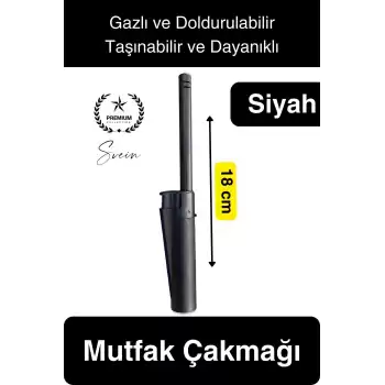 Premium 18 cm Siyah Basmalı Uzun Mutfak Çakmağı Gazlı Doldurulabilir Mum Mangal Kamp İçin Ateş