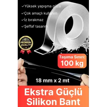 Çok Amaçlı Dayanıklı Çift Taraflı İz Bırakmaz Tamir Montaj Bandı Şeffaf Güçlü Silikon Bant 18mmX 2mt