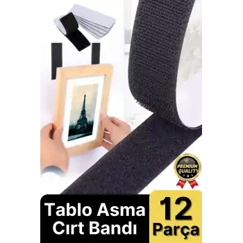 Ultra Güçlü İz Bırakmaz Çivisiz Tablo Çerçeve Asma Kendinden Yapışkanlı Siyah Cırt Bant 12li Set