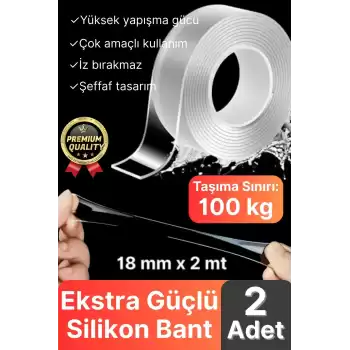 2 Adet Çok Amaçlı Çift Taraflı İz Bırakmaz Tamir Montaj Bandı Şeffaf Güçlü Silikon Bant 18 mm X 2 mt