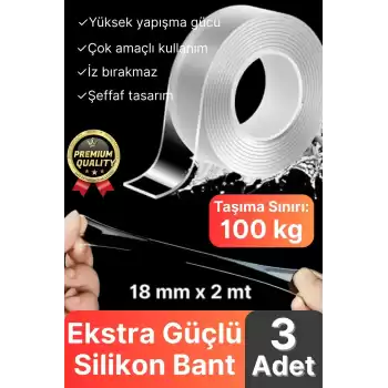 3 Adet Çok Amaçlı Çift Taraflı İz Bırakmaz Tamir Montaj Bandı Şeffaf Güçlü Silikon Bant 18 mm X 2 mt