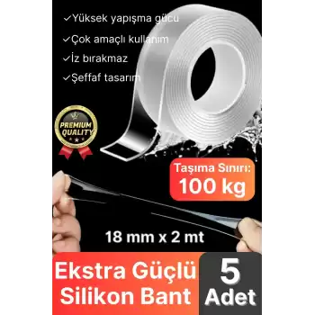 5 Adet Çok Amaçlı Çift Taraflı İz Bırakmaz Tamir Montaj Bandı Şeffaf Güçlü Silikon Bant 18 mm X 2 mt