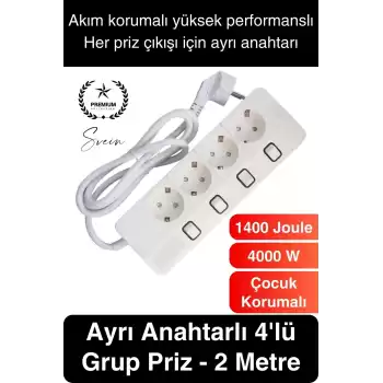 Özel Üretim 4lü Ayrı Anahtarlı 2 Metre Akım Korumalı Grup Priz 1400 Joule 4000W Çoklu Uzatma Kablo