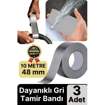 3 Adet Ekstra Güçlü Dayanıklı Su Geçirmez Sızdırmaz Yalıtım İzolasyon Gri Tamir Bandı 10 Mt 48 Mm