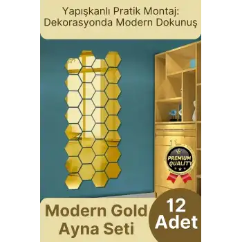 Yeni Seri Modern Şık Tasarım Dekoratif Altıgen Ev Ofis Duvar Dolap Yapışkanlı Gold Ayna Seti 12 Adet