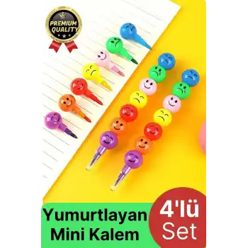 Özel Seri İlkokul Okul Öğrenci Renkli Hafif Eğlenceli Emoji Yüzlü Yumurtlayan Mini Kalem 4lü Set