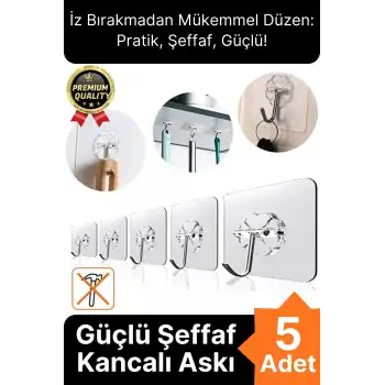 Çok Amaçlı Süper Güçlü Kendinden Yapışkanlı Kolay Montaj Duvar Mutfak Şeffaf Askılık Kancalı Askı