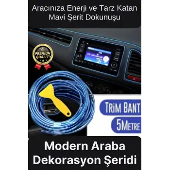 Premium Dekoratif Modern Canlı Görünüm Araç İçi Torpido Kapı Döşeme Fitili 5 Metre Mavi Trim Şeridi