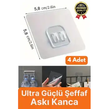 4 Adet Ultra Güçlü Suya Dayanıklı İz Bırakmaz Şeffaf Mutfak Banyo Tablo Raf Ayna Tutucu Askı Kanca