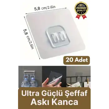 20 Adet Süper Güçlü Şeffaf İz Bırakmaz Suya Dayanıklı Banyo Duş Mutfak Tablo Raf Tutucu Askı Kanca