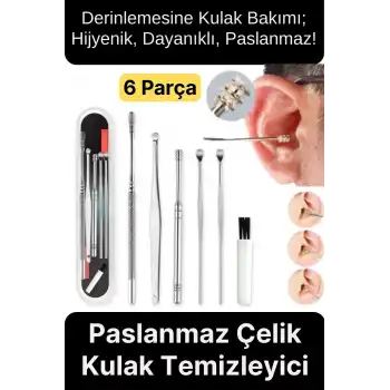 Özel Üretim Paslanmaz Çelik Kulak Balmumu Toplayıcı Çıkarıcı Temizleyici Bakımı Çubuk Seti 6 Parça
