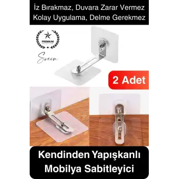 2 Adet Kendinden Yapışkanlı Mobilya Sabitleme Seti Delme Gerekmez Dolap Raf Tutucu Deprem Güvenliği
