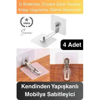 4 Adet Kendinden Yapışkanlı Mobilya Sabitleme Seti Delme Gerekmez Dolap Raf Tutucu Deprem Güvenliği