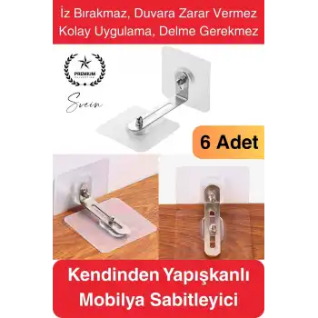 6 Adet Kendinden Yapışkanlı Mobilya Sabitleme Seti Delme Gerekmez Dolap Raf Tutucu Deprem Güvenliği