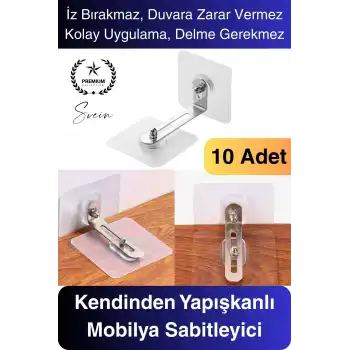 10 Adet Kendinden Yapışkanlı Mobilya Sabitleme Seti Delme Gerekmez Dolap Raf Tutucu Deprem Güvenliği