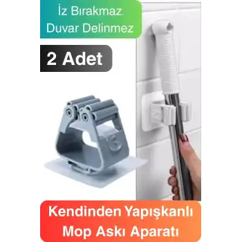 2 Adet Güçlü Tutunabilen Kendinden Yapışkanlı Mop Paspas Sabitleyici Duvara Monte İz Bırakmaz Tutucu