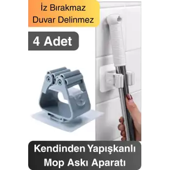 4 Adet Güçlü Tutunabilen Kendinden Yapışkanlı Mop Paspas Sabitleyici Duvara Monte İz Bırakmaz Tutucu