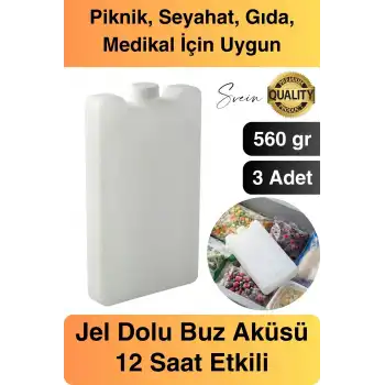 12 Saat Süreli 560 gr Jel Dolu Buz Aküsü Plastik Soğuk Zincir Gıda Yiyecek Uzun Süre Koruma 3 Adet
