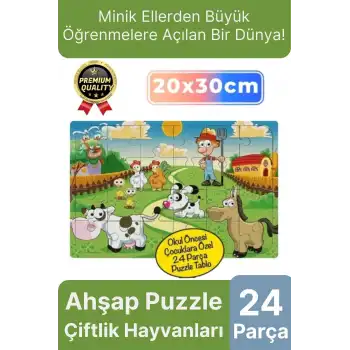 Premium Eğlenceli Eğitici Öğretici Geliştiren Oyun Deneyimi Ahşap Puzzle Çiftlik Hayvanları 24 Parça