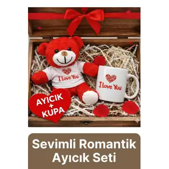 Özel Tasarım Sevimli Romantik Hediye Gift Sevgili I Love You Baskılı Kupa Ve Kırmızı Ayıcık Seti