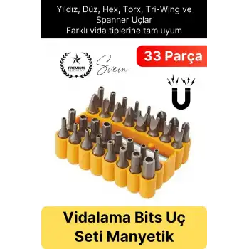#Bitsuç Premium 33 Parça Kutulu Yıldız Düz Sağlam Dayanıklı Mıknatıslı Şarjlı Vidalama Bits Uç Seti