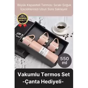 Kaliteli Paslanmaz Çelik Çift Katmanlı Sıcak Soğuk 3 Bardaklı Vakumlu Termos Çanta Hediyeli 550 Ml