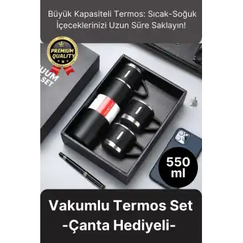 Kaliteli Paslanmaz Çelik Çift Katmanlı Sıcak Soğuk 3 Bardaklı Vakumlu Termos Çanta Hediyeli 550 Ml