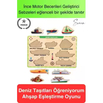 Premium Deniz Taşıtları Ahşap Bul Tak Puzzle Eğitici Oyuncak Tutmalı Motor Becerisi Gelişim