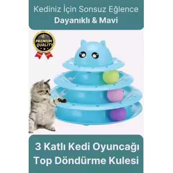 Premium Eğlenceli Renkli Dayanıklı Yuvarlak Kauçuk Pedli 3 Katlı Kedi Oyuncağı Top Döndürme Kulesi