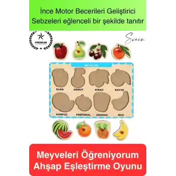 Premium Meyveler Ahşap Bul Tak Puzzle Eğitici Oyuncak Tutmalı Elma Armut Motor Becerisi Gelişim