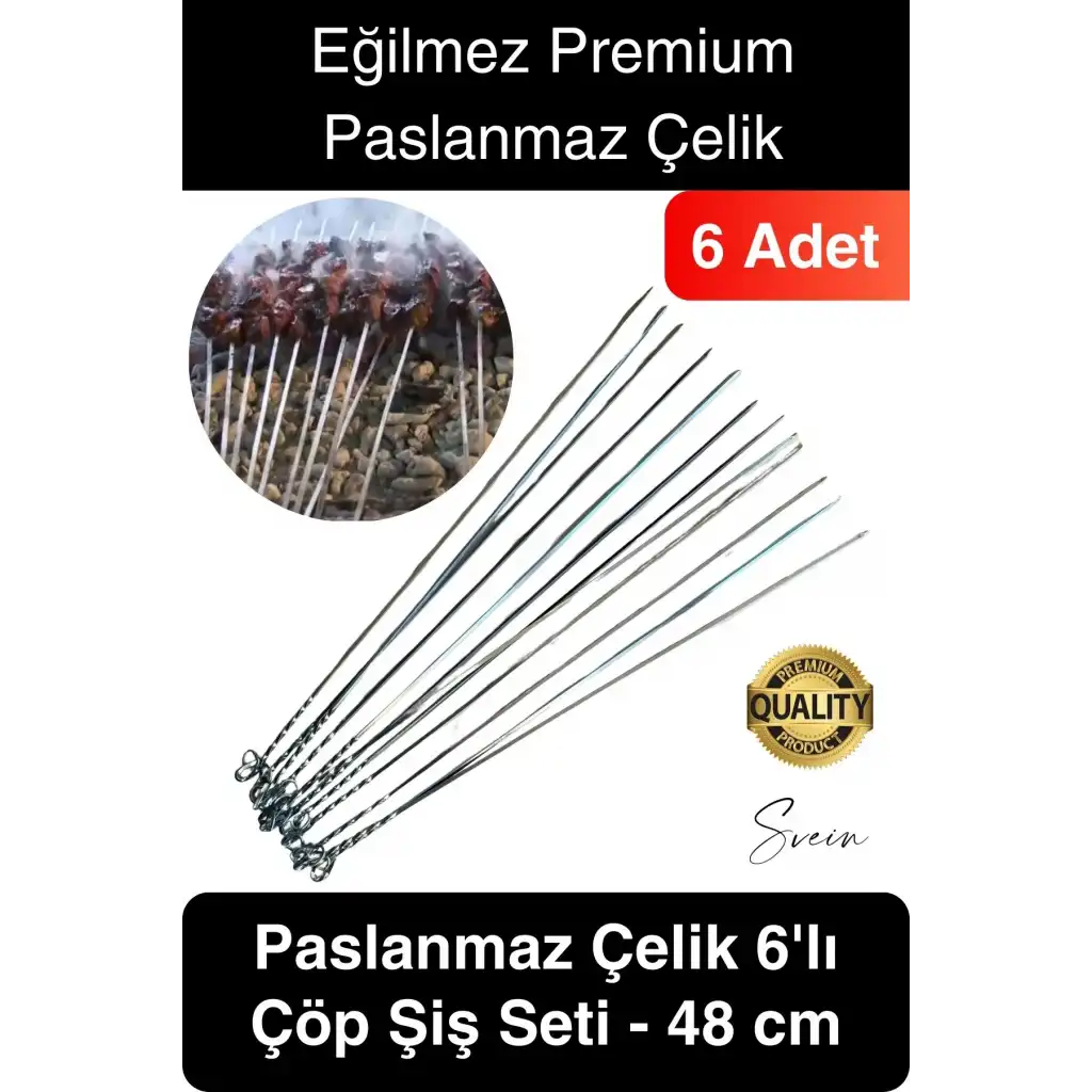 6 Adet Yüksek Kalite 48 cm Mangal Ciğer Kuşbaşı Kebap Şiş Paslanmaz Çelik Adana Urfa Izgara