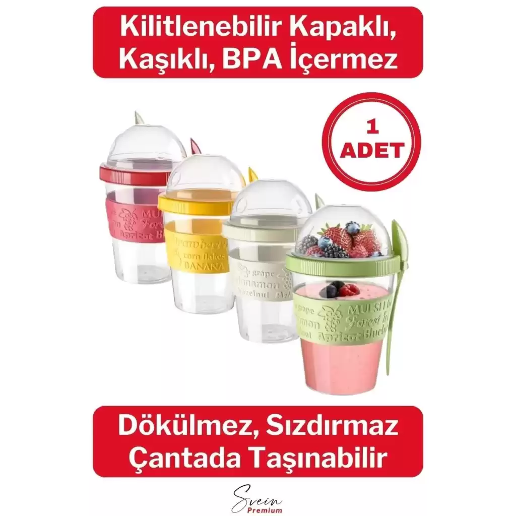 Pratik Taşınabilir Kaşıklı Atıştırmalık Yemek Yoğurt Müsli Granola Diyet Kabı 600ml 1 Adet