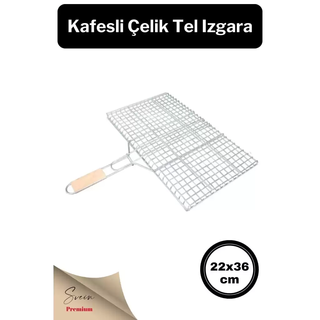 Ahşap Ağaç Saplı Kafesli Çelik Tel Izgara Mangal Barbekü Yemek Pişirme Teli 22 X 36 Cm