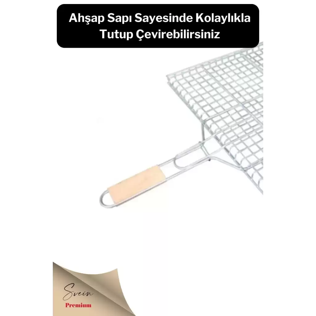 Ahşap Ağaç Saplı Kafesli Çelik Tel Izgara Mangal Barbekü Yemek Pişirme Teli 22 X 36 Cm