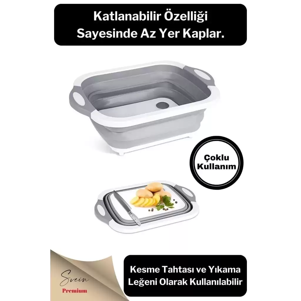 Katlanabilir Bulaşık Yıkama Leğeni Süzgeçli Kesme Doğrama Tahtası Ve Akordiyon Tıpalı Badya 1 Adet