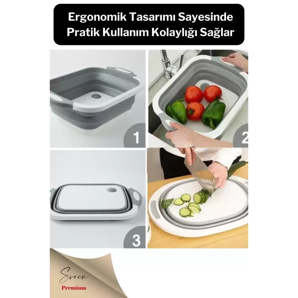 Katlanabilir Bulaşık Yıkama Leğeni Süzgeçli Kesme Doğrama Tahtası Ve Akordiyon Tıpalı Badya 1 Adet