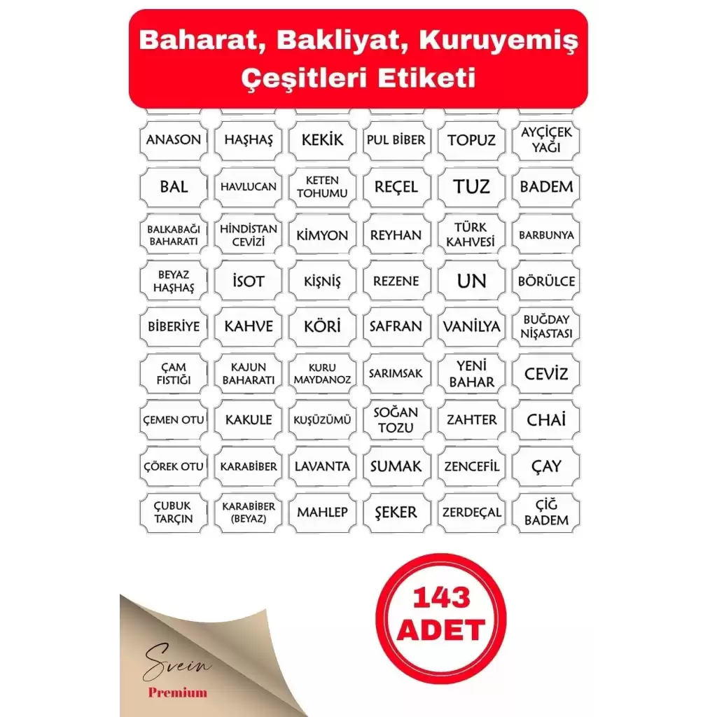 143 Adet Baharat Bakliyat Kuruyemiş Kavanoz Sticker Etiketi Seti Kendinden Yapışkanlı 3,6 X 2 Cm