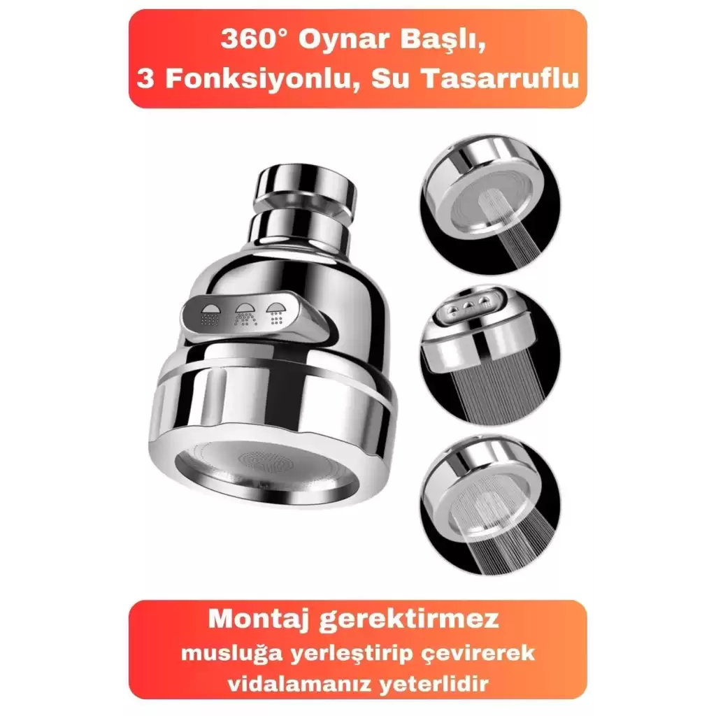 3 Fonksiyonlu Sert Plastik Lavabo Başlık 360 Derece Döner Ayarlanabilir Tasarruflu Musluk Ucu