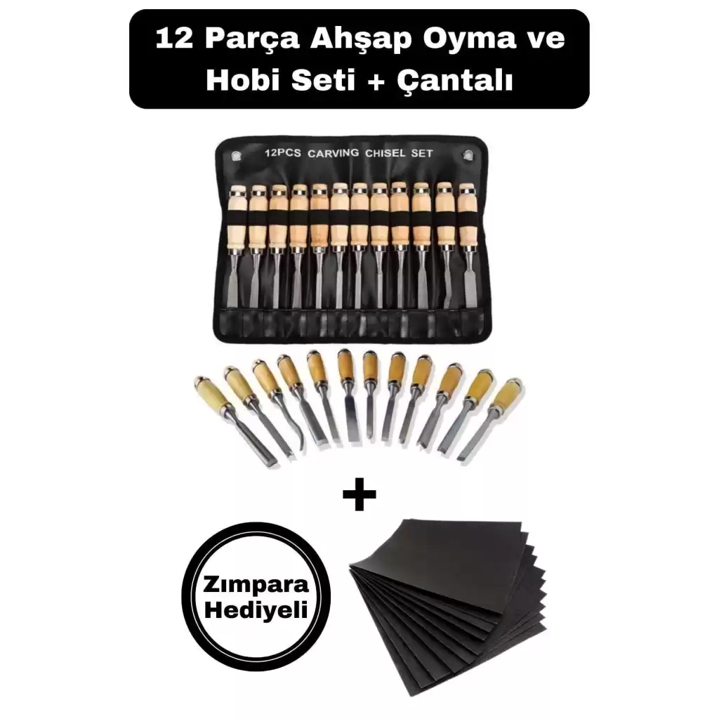 12 Parça Profesyonel Iskarpela Ahşap Saplı Oyma Seti Özel Çantalı Tahta Işleme Zımpara Hediyeli