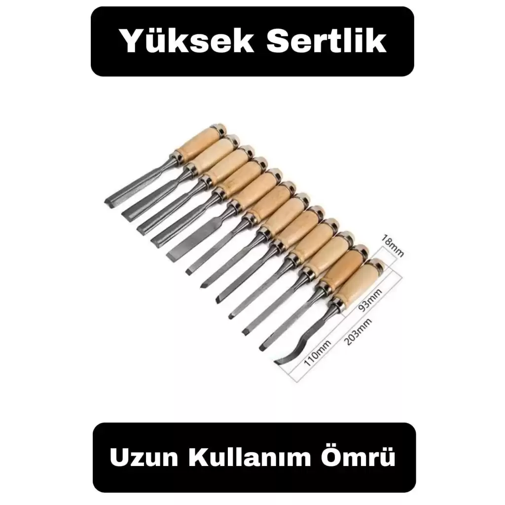 12 Parça Profesyonel Iskarpela Ahşap Saplı Oyma Seti Özel Çantalı Tahta Işleme Zımpara Hediyeli