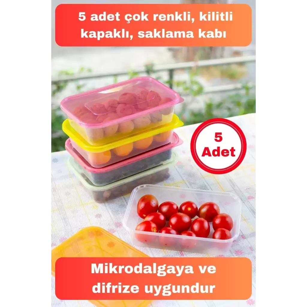 Vip Çok Renkli Kapaklı Mikrodalgaya Uygun 5li Plastik Kuru Bakliyat Yiyecek Erzak Saklama Kabı Seti