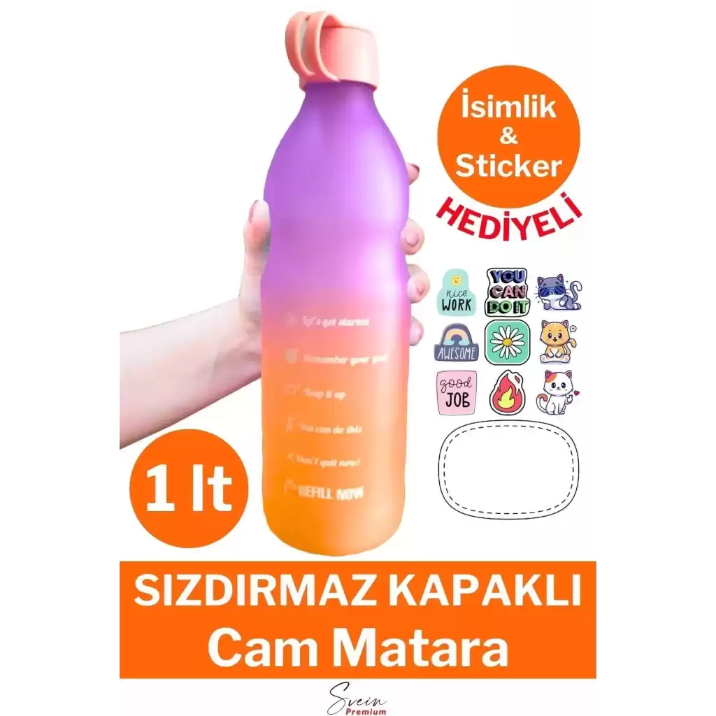 Premium Sızdırmaz Motivasyonel Sporcu Cam Renkli Su Matarası 1 Litre Suluk Tritan Bpa İçermez 1 Adet